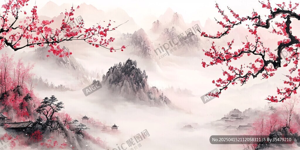 水墨山水间的烂漫红梅