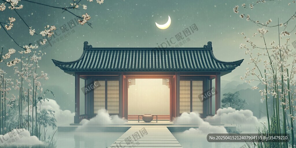 月夜中式小屋静谧景致