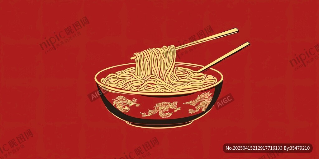 中式红碗面条筷子插画