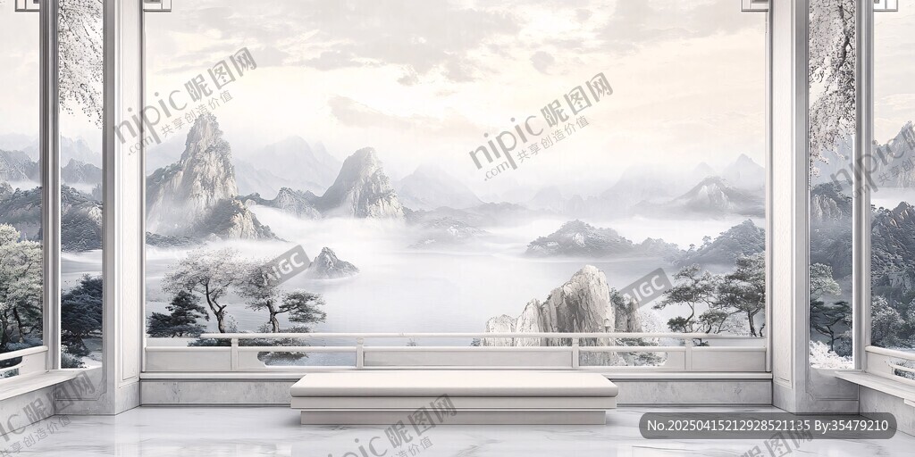 中式窗前的水墨山水景致