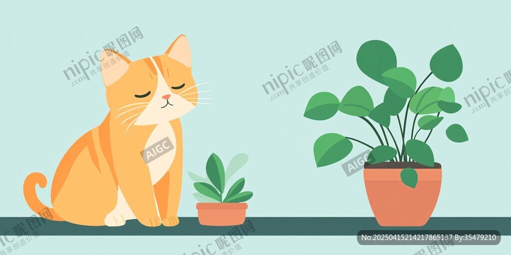 橘猫与绿植的温馨小景