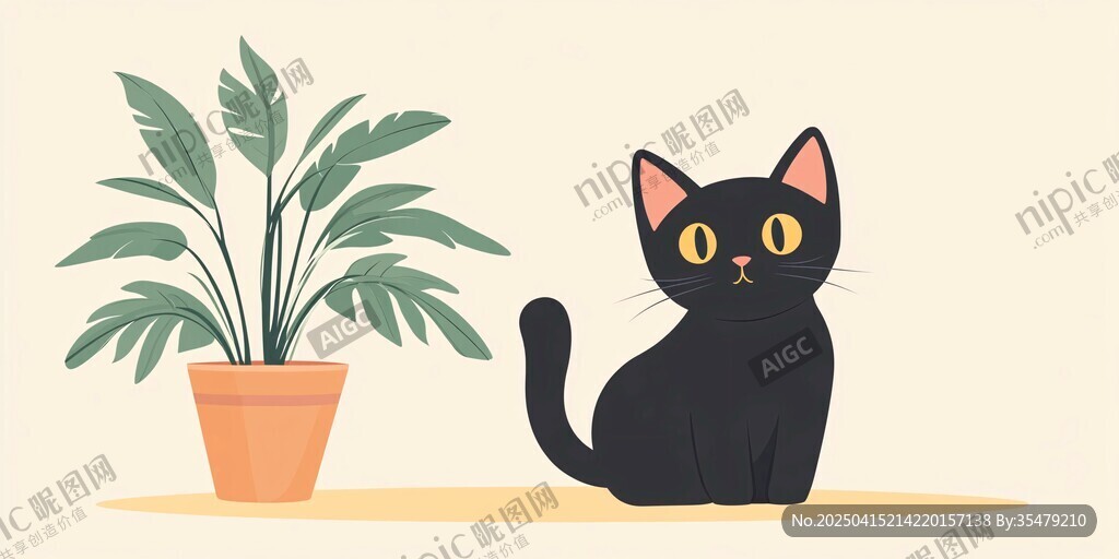 黑猫与绿植的温馨画面