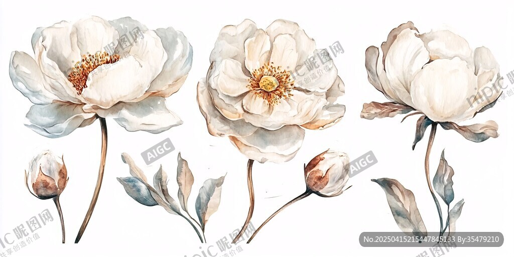 水彩白色花卉植物插画
