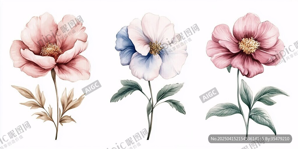 三朵手绘风格的美丽花卉