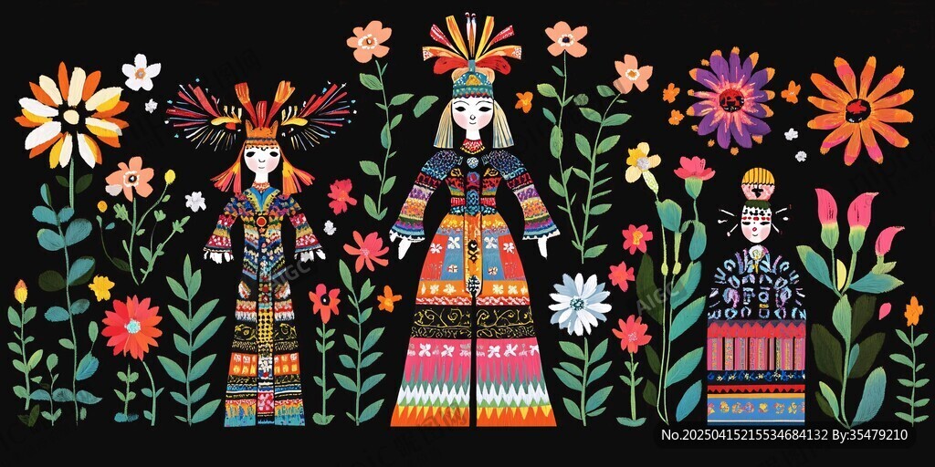 民俗风人偶与花卉插画
