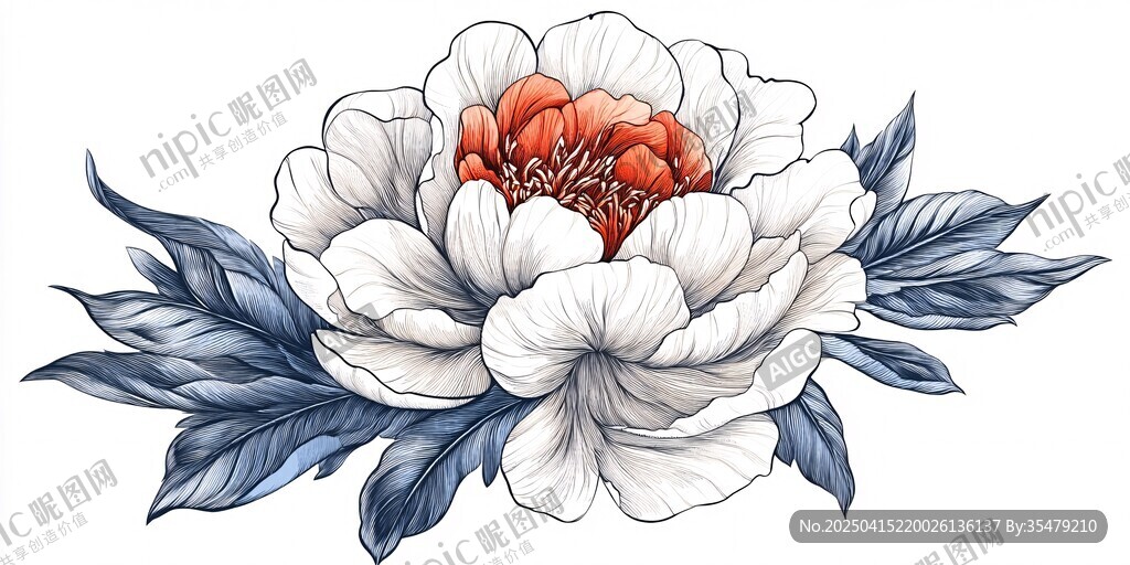 白色牡丹插画配深蓝叶片