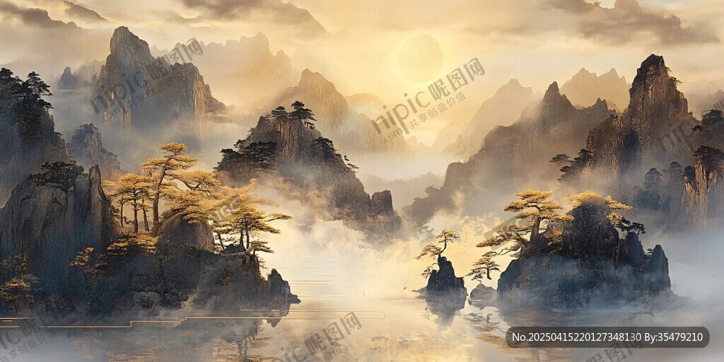 旭日映山峦 云雾绕青松