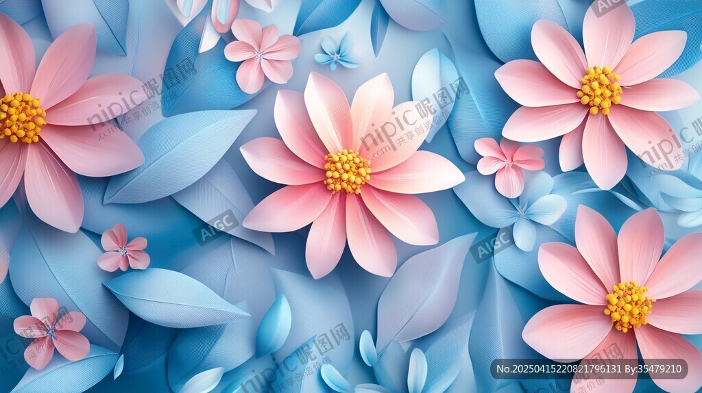 梦幻蓝粉花卉剪纸风图案