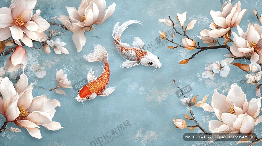 玉兰花间双锦鲤唯美图