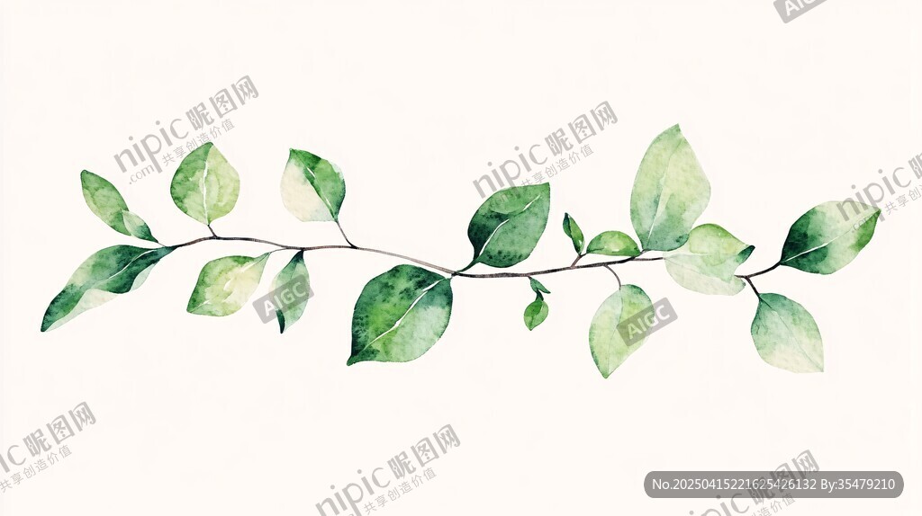 手绘清新绿枝水彩插画