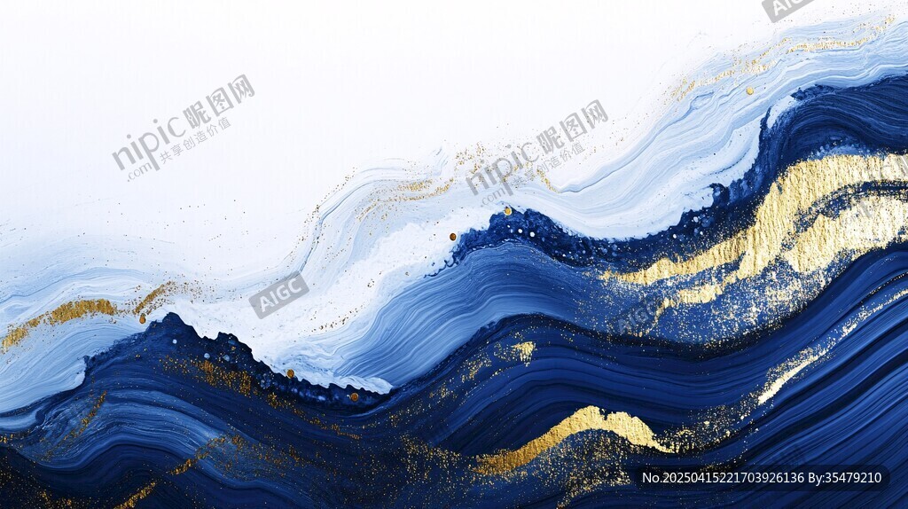 蓝金抽象海浪艺术画作