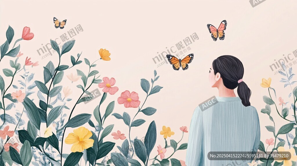 女子赏蝶于烂漫花丛间