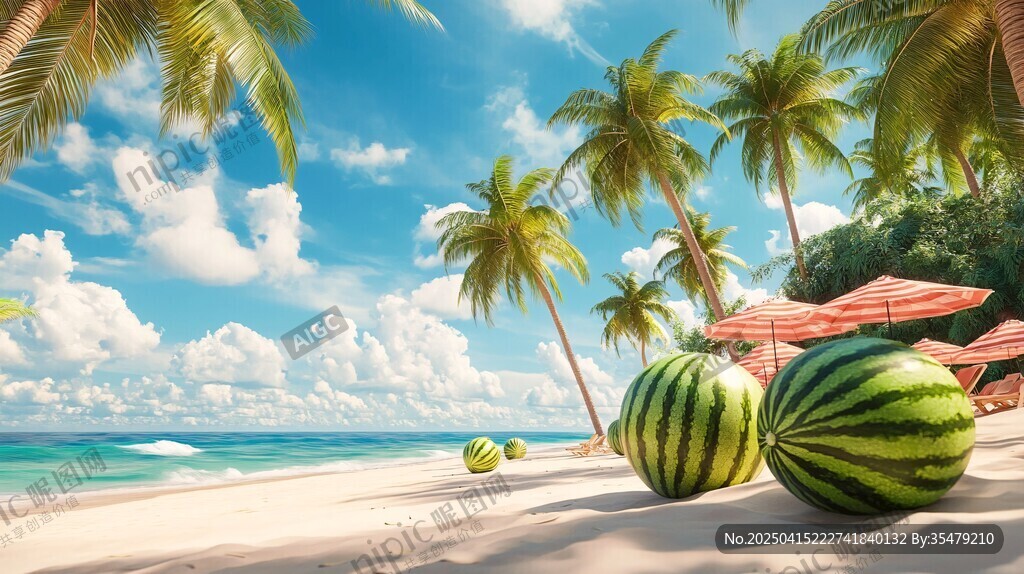夏日海滩西瓜与椰树风光