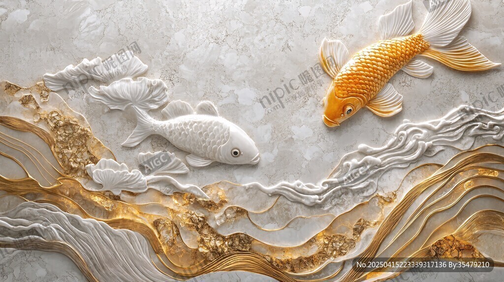双鲤戏浪浮雕艺术作品