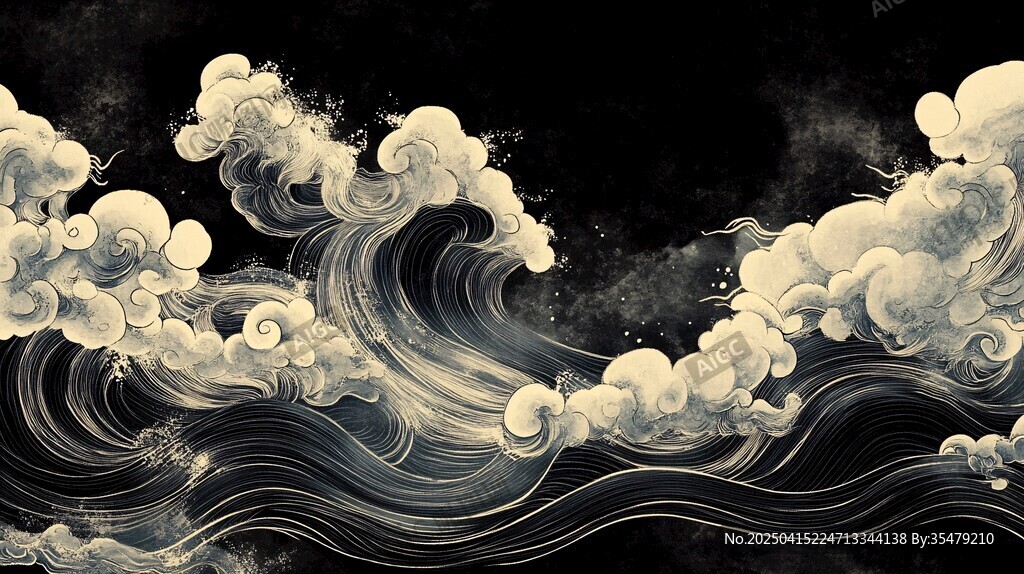 中式水墨海浪艺术图景