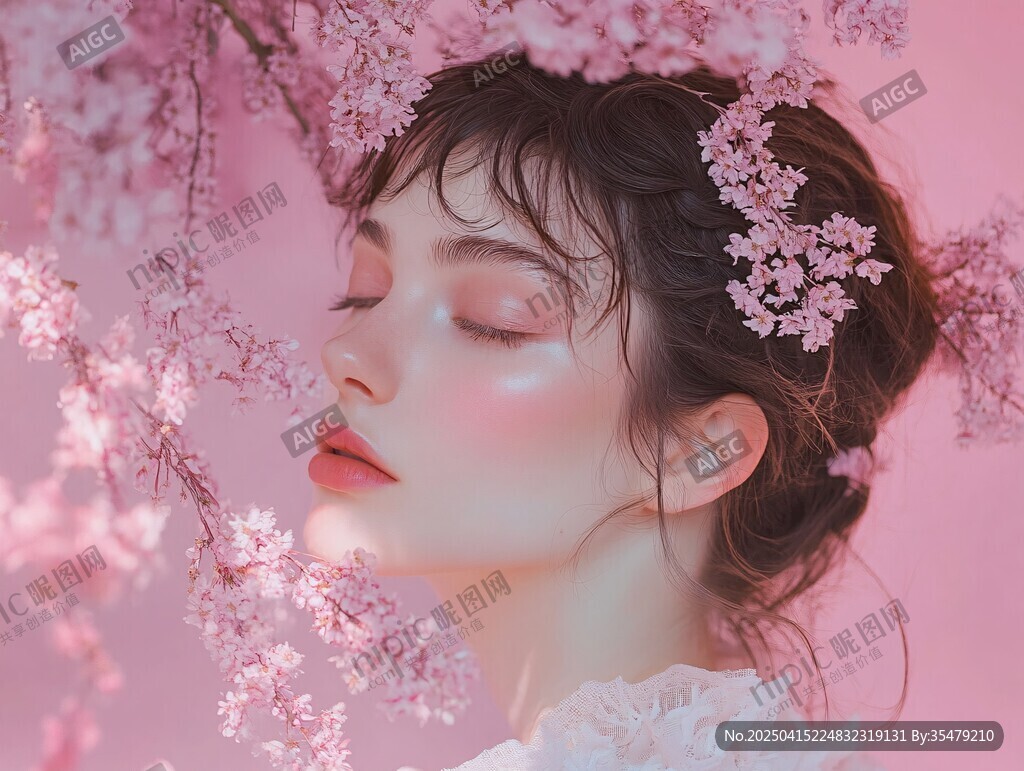 粉樱下的梦幻闭眼美少女