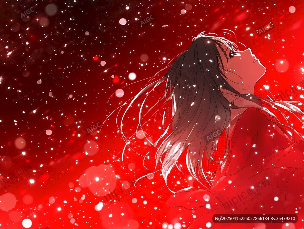 雪中红发少女唯美侧影