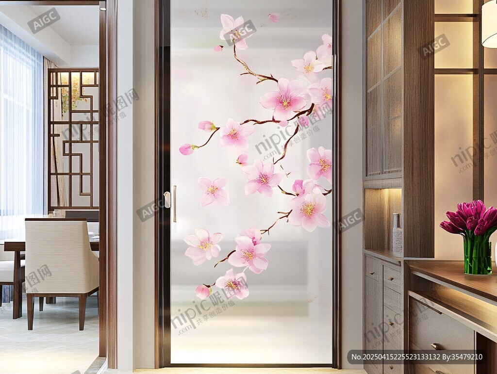 粉色桃花中式屏风隔断