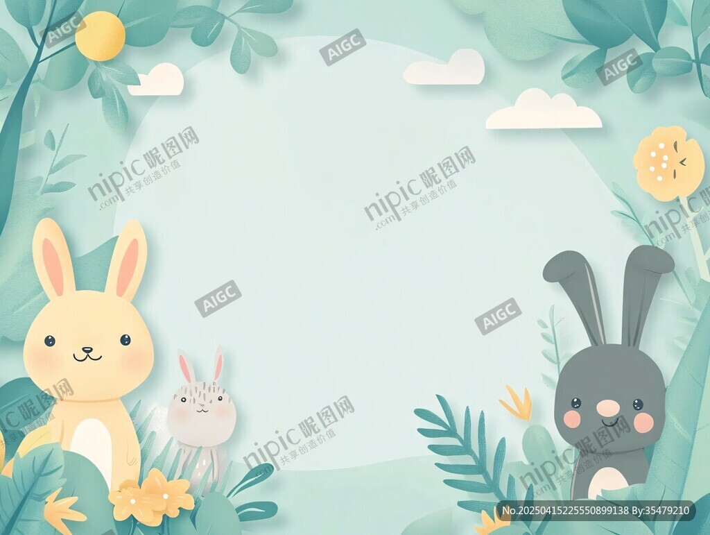 可爱兔子与绿植背景图
