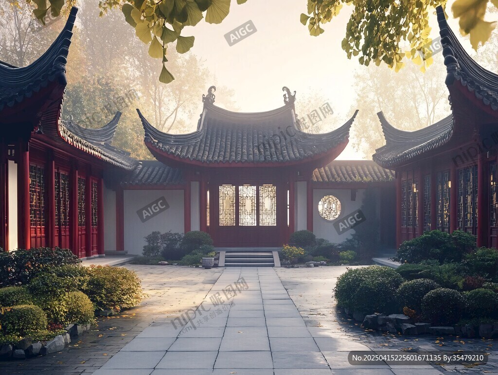 中式古典庭院清晨景致