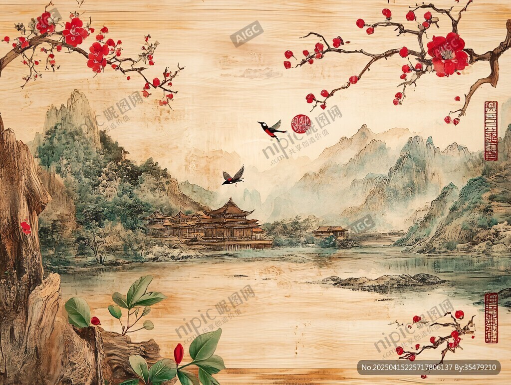 水墨山水红梅飞鸟图
