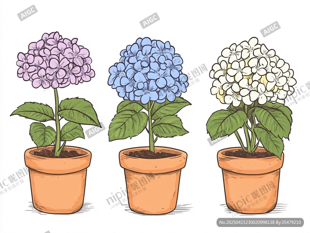 三盆绣球花盆栽插画