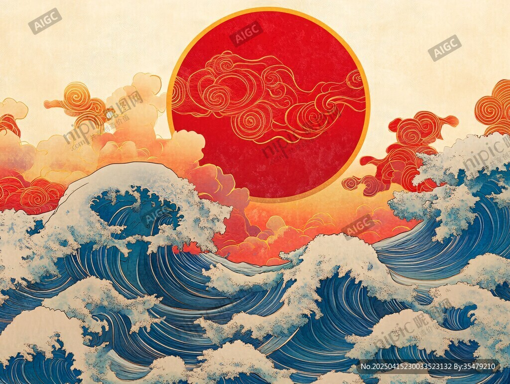 红日云海浪潮中式景观