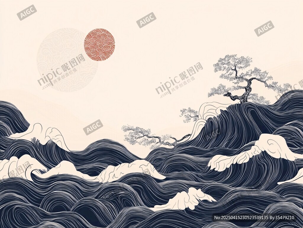 中式海浪与孤松日出图景