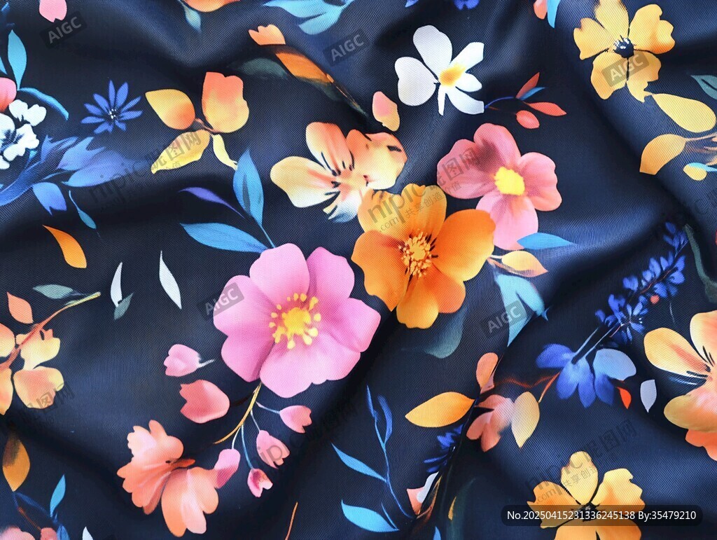 深蓝底多彩花卉图案布料