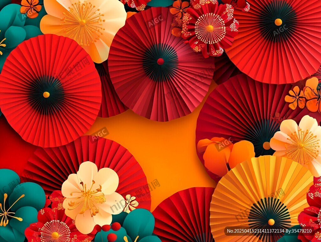 多彩中式折扇花卉装饰图