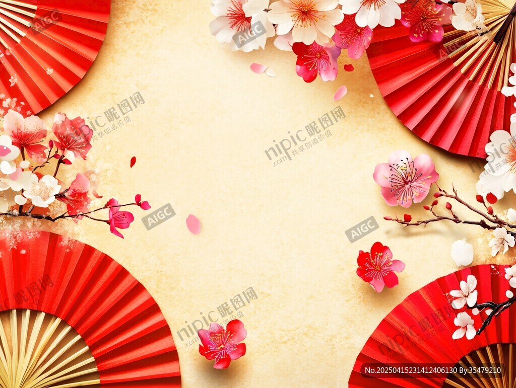 中式折扇与烂漫樱花背景