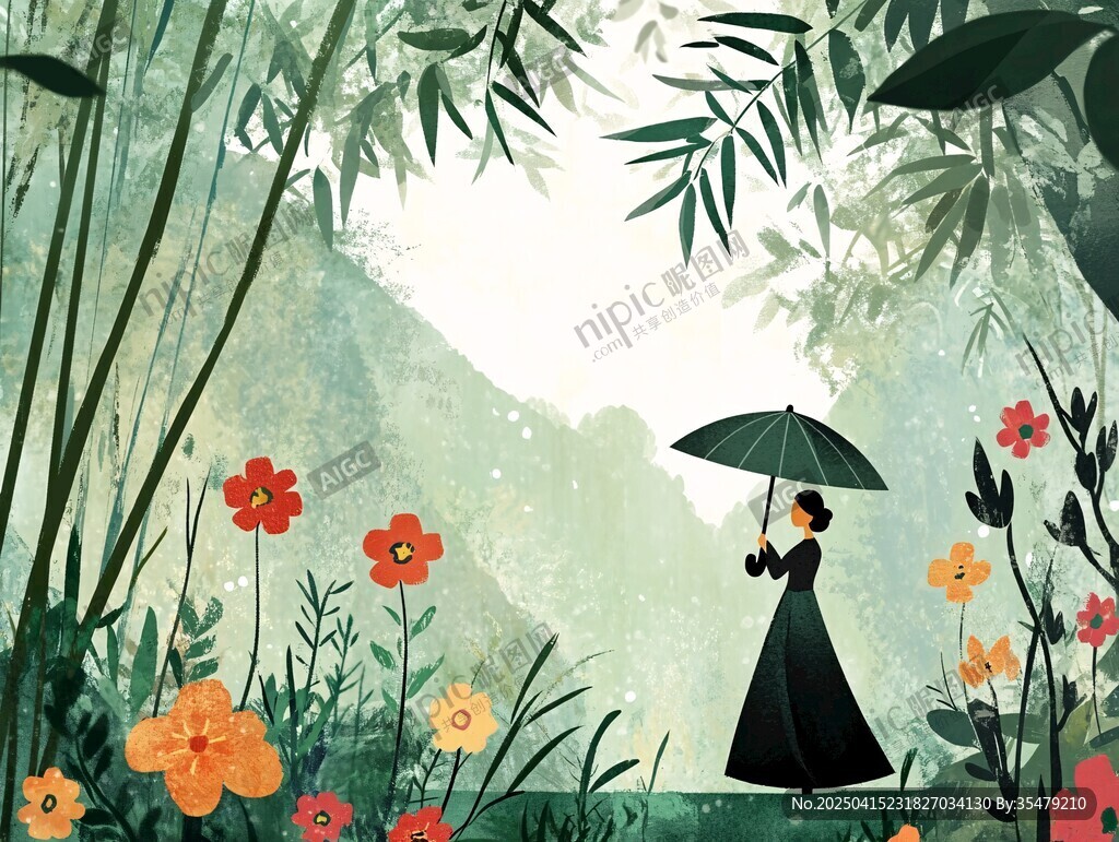 雨中漫步的竹林花卉景致