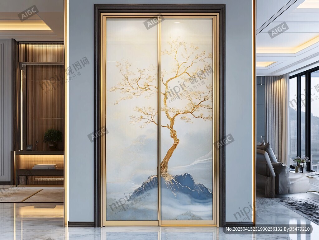 中式双开山水树纹艺术门