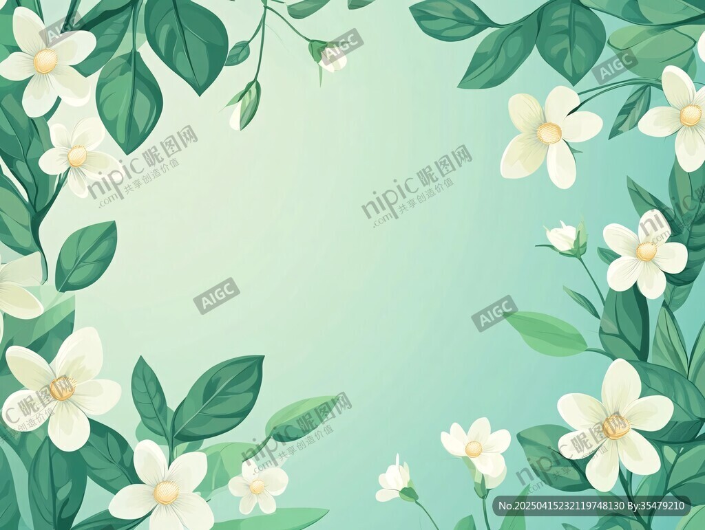 清新茉莉花绿叶边框背景
