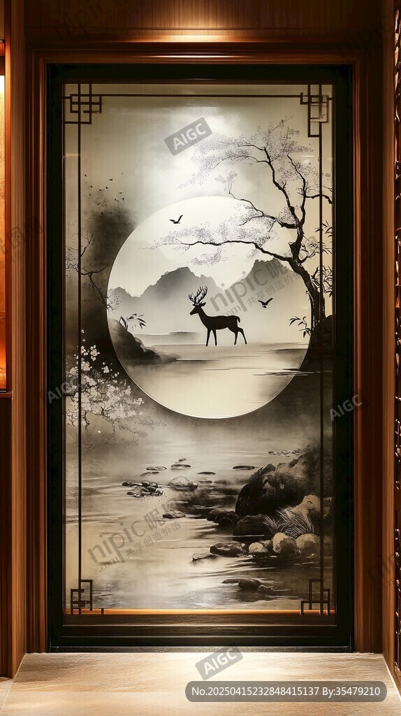 中式玄关壁画 月夜独鹿图