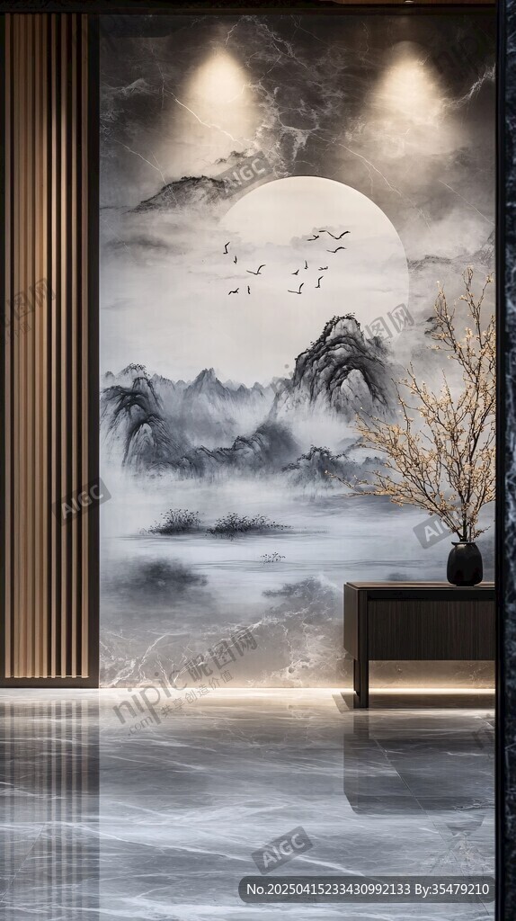 中式山水玄关壁画装饰