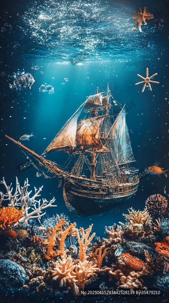梦幻海底的古老帆船