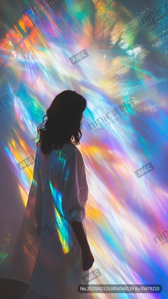 女孩置身梦幻炫彩光影中