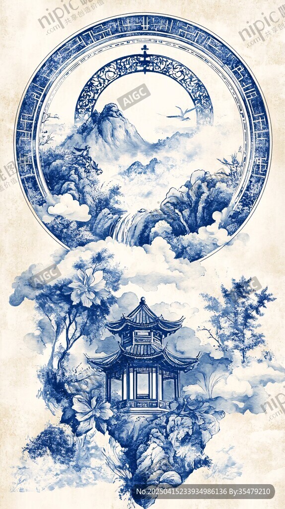 青花瓷盘上的中式山水图景