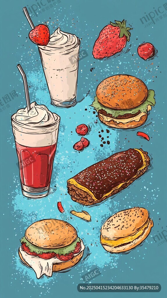 美味汉堡与特色饮品插画