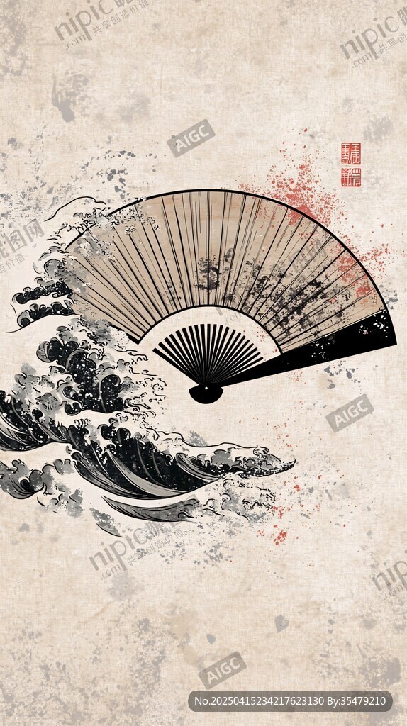 古风折扇伴浪图