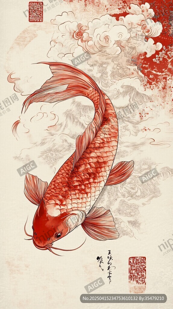 中式红鲤鱼水墨祥瑞图