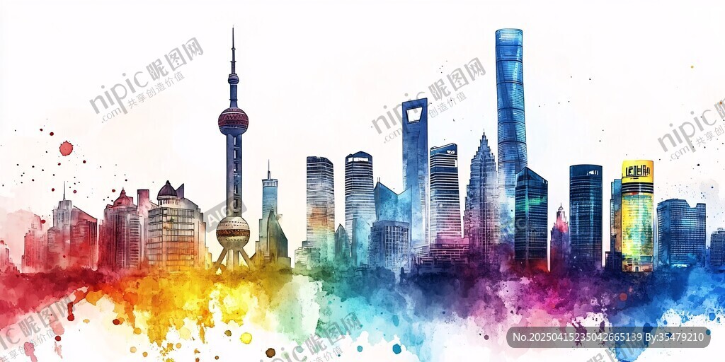 水彩绘就的上海城市天际线