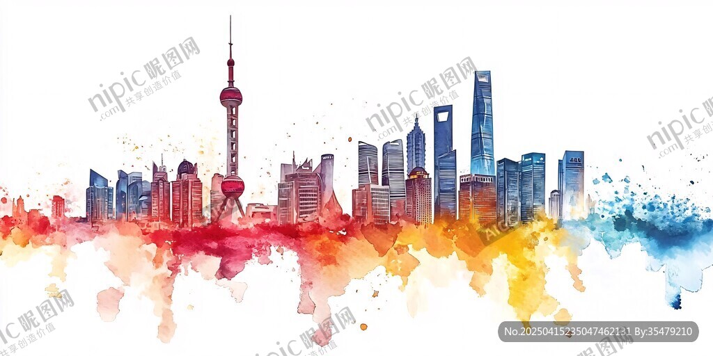 上海城市天际线水彩画