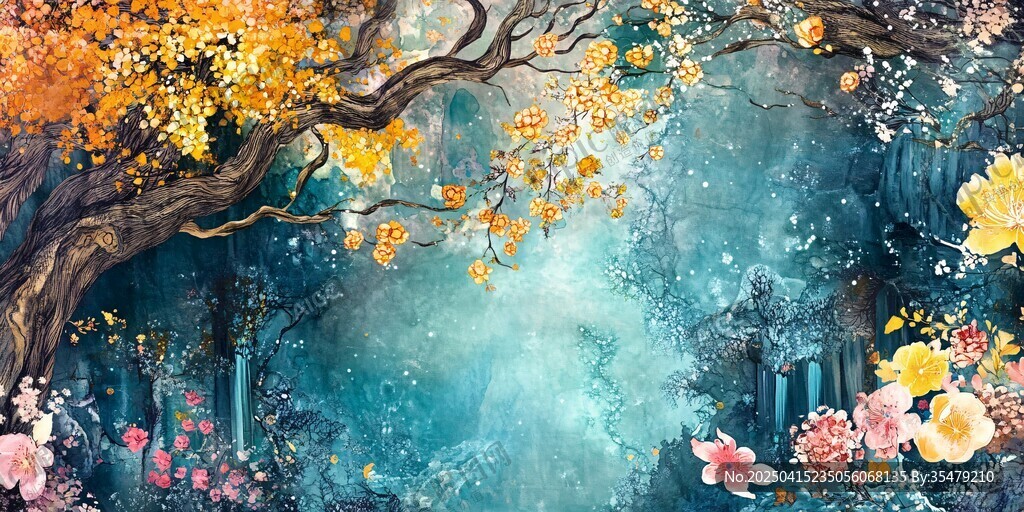 梦幻花树仙境般森林图景