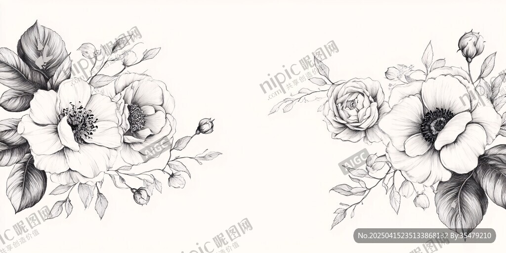 黑白花卉手绘插画图案