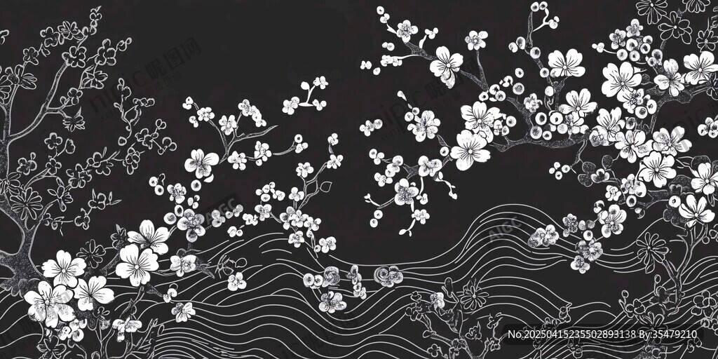 墨韵繁花山水纹案背景图