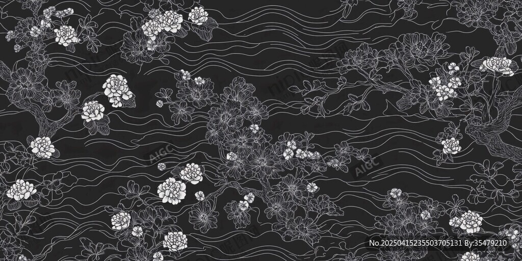 中式黑白花鸟波浪纹图案