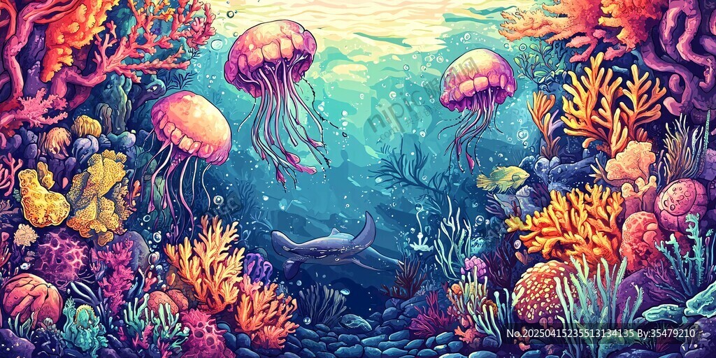 梦幻海底世界的水母与珊瑚