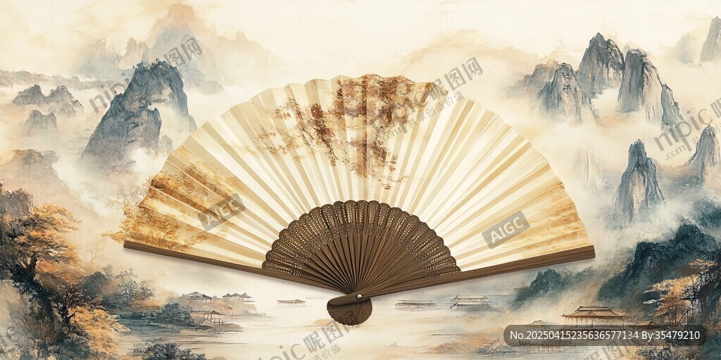 古典折扇 山水背景添雅韵